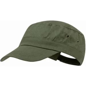 A green cap with a wide brim and ventilation holes, featuring an adjustable strap at the back.
