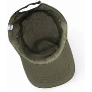 A cap in olive green, featuring a structured brim and an open interior design. It has a logo on the inner band.