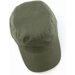A green cap with a rounded top and a wide brim, featuring stitching details. The cap has no visible branding.
