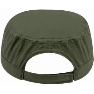 A cap in olive green with a flat top and adjustable strap at the back, featuring a subtle logo.