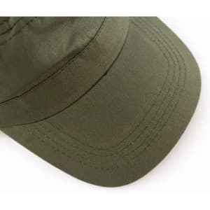 A hat in an olive green colour, featuring a curved brim and visible stitching details. It has a simple design without logos.