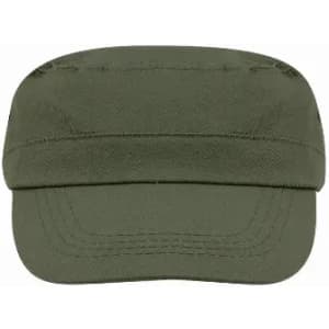 A cap in olive green featuring a structured design and a wide brim. It has stitching details and a logo on the front.