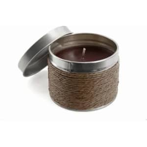 A candle in a tin container wrapped with natural twine, featuring a dark brown wax.