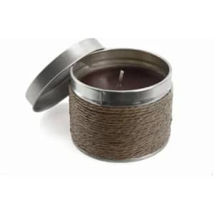 A candle in a metal tin with a braided rope design, featuring a dark wax interior and a silver lid.