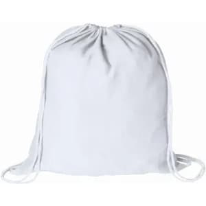 A drawstring bag in white, featuring a simple design with adjustable straps. It includes a logo.