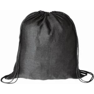 A black drawstring bag with a sleek, smooth texture and matching cords for closure.