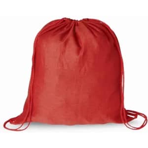 A red drawstring bag made from a lightweight fabric, featuring matching drawstrings for closure.