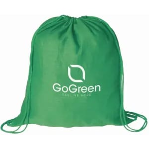 A green drawstring backpack featuring a logo on the front and two adjustable cords.