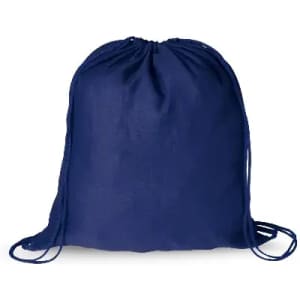 A drawstring bag in navy blue, featuring a simple design with two drawstrings for closure.