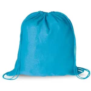 A drawstring bag in a vibrant turquoise colour, featuring a simple design. It has a logo on one side.