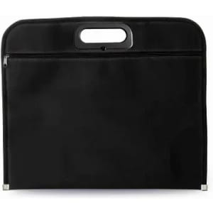 A black laptop bag featuring a handle and a zippered compartment at the front.