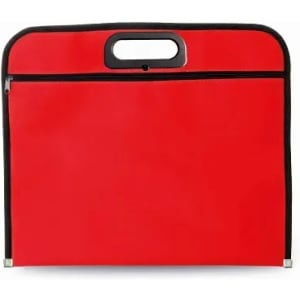 A red carry bag with a black zipper and handle, featuring a flat, rectangular design.