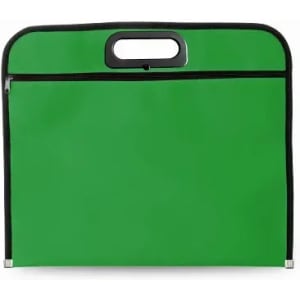 A green carrying case with a zip closure and a handle, featuring a black trim.