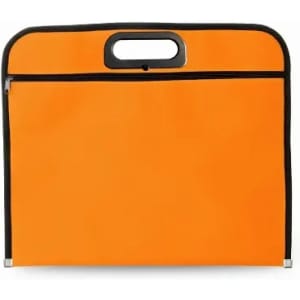 An orange carry case with a handle and a zippered pocket. It has a simple, functional design.