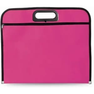 A pink portfolio with a black zipper and handle, featuring a simple, sleek design.