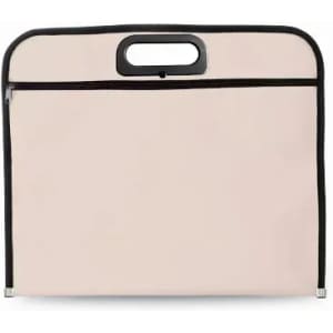 A carry bag in light beige with a black zip and handle, featuring a simple, minimalist design.