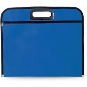 A blue carry bag with a handle and a zipper pocket, featuring black trim. It has a simple, sleek design.