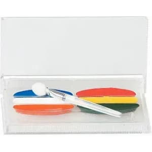 A clear case containing six colourful paint palettes in blue, orange, red, yellow, green, and a brush.
