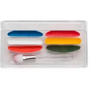 A palette containing red, blue, white, yellow, and green paints with a brush, all in a transparent case.