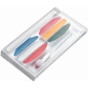 A set of four nail files in red, blue, green, and yellow, displayed in a clear case with a round buffer.