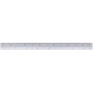 A ruler in clear plastic with metric and imperial measurements, featuring a subtle branding logo.