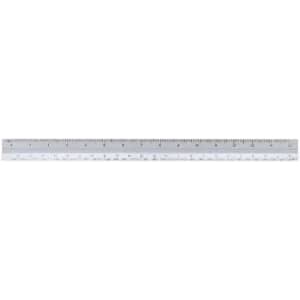 A clear plastic ruler featuring metric and imperial measurements, with a logo on one side.