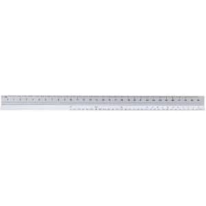 A clear plastic ruler with metric and imperial measurements, featuring a branding logo.