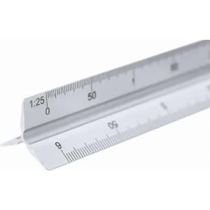 A silver ruler with metric and imperial measurements, featuring a logo on one side.