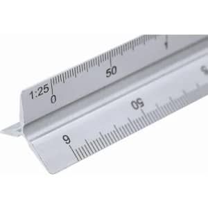A ruler featuring a silver finish with measurement markings, including metric and imperial units.
