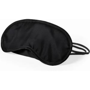 A black sleep mask with adjustable straps, featuring a smooth finish and contoured design.