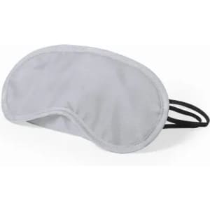 A sleep mask in grey with black elastic straps and a simple logo, designed for comfort during rest.