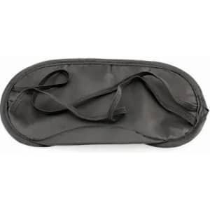 A black sleep mask with an elastic strap, featuring a smooth, lightweight fabric design.