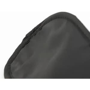 A black fabric pouch with a smooth, sleek surface and a stitched edge, featuring a rounded corner.