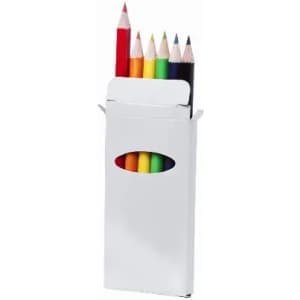 A pack of coloured pencils featuring six vibrant colours, presented in a white holder with an oval cut-out.