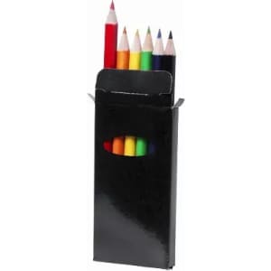 A set of coloured pencils arranged in a black packaging with a cut-out design. Seven varying colours are visible.
