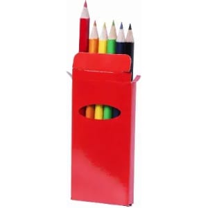 A set of coloured pencils in a vibrant red box, featuring various colours, including blue, green, yellow, and red.