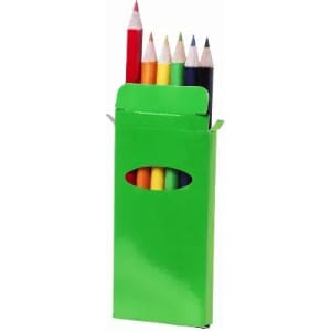 A pencil case in vibrant green containing six coloured pencils, including red, yellow, and blue.