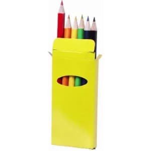 A pack of coloured pencils in various hues, presented in a bright yellow box with an open front.