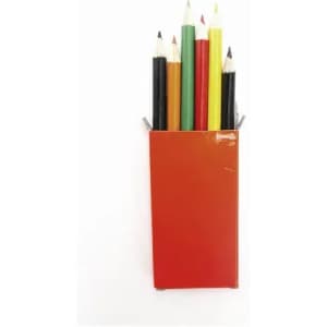 A pencil holder in an orange box containing various coloured pencils including yellow, green, red, black, and white.