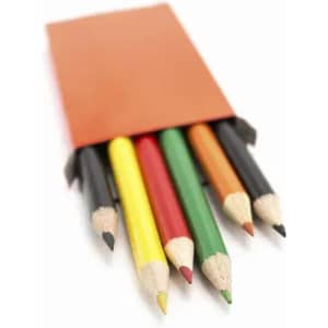 A set of six coloured pencils in a brown holder, featuring red, yellow, green, black, and natural shades.