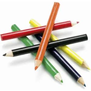 A set of coloured pencils in red, orange, yellow, green, black, and blue, arranged in a cross formation.