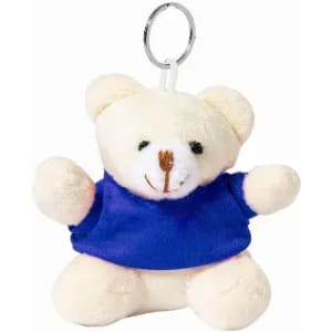 A keychain featuring a plush teddy bear with a blue shirt and a silver keyring attached.