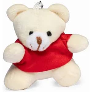 A plush bear keychain wearing a red shirt, featuring a cute face and soft cream-coloured body.