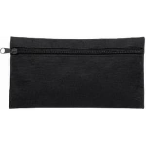 A black zippered pouch with a smooth texture, ideal for storing small items. It features a simple design and logo.