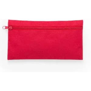 A red zippered pouch featuring a simple design and a smooth fabric finish.
