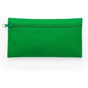 A green pouch with a zip closure, featuring a smooth texture and simple design.