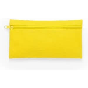 A yellow pencil case with a zip closure, featuring a textured surface. It has no branding visible.
