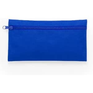 A blue zippered pouch made of fabric, featuring a simple design with a single zipper closure.