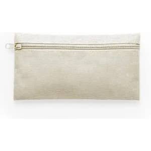 A zippered pouch in a light beige hue, featuring a textured surface and silver zipper detail.
