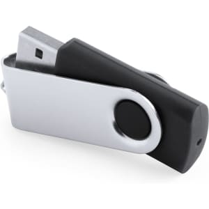 A silver and black USB memory stick with a swivel design. It has a small circular button and features a logo.